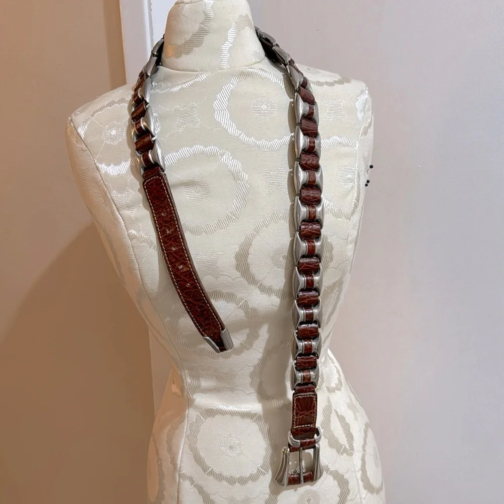 Vintage Leather Brown Unique Heavy Silvertone Embellished Woven Belt